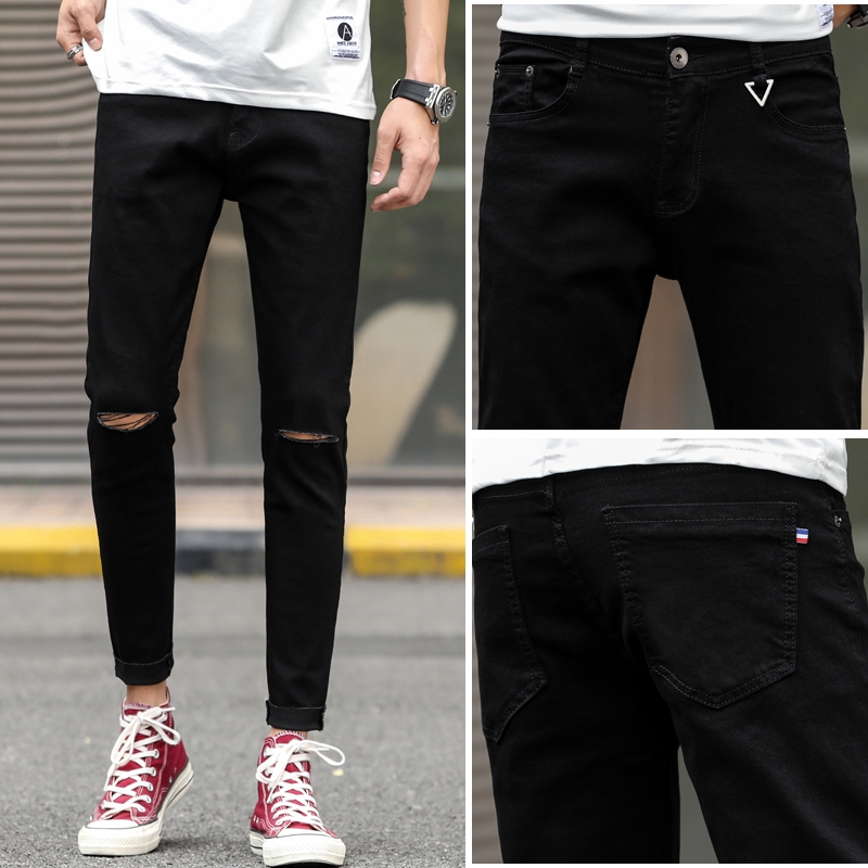 Celana Jeans Pria Model Ripped Potongan Slim Bahan Elastis