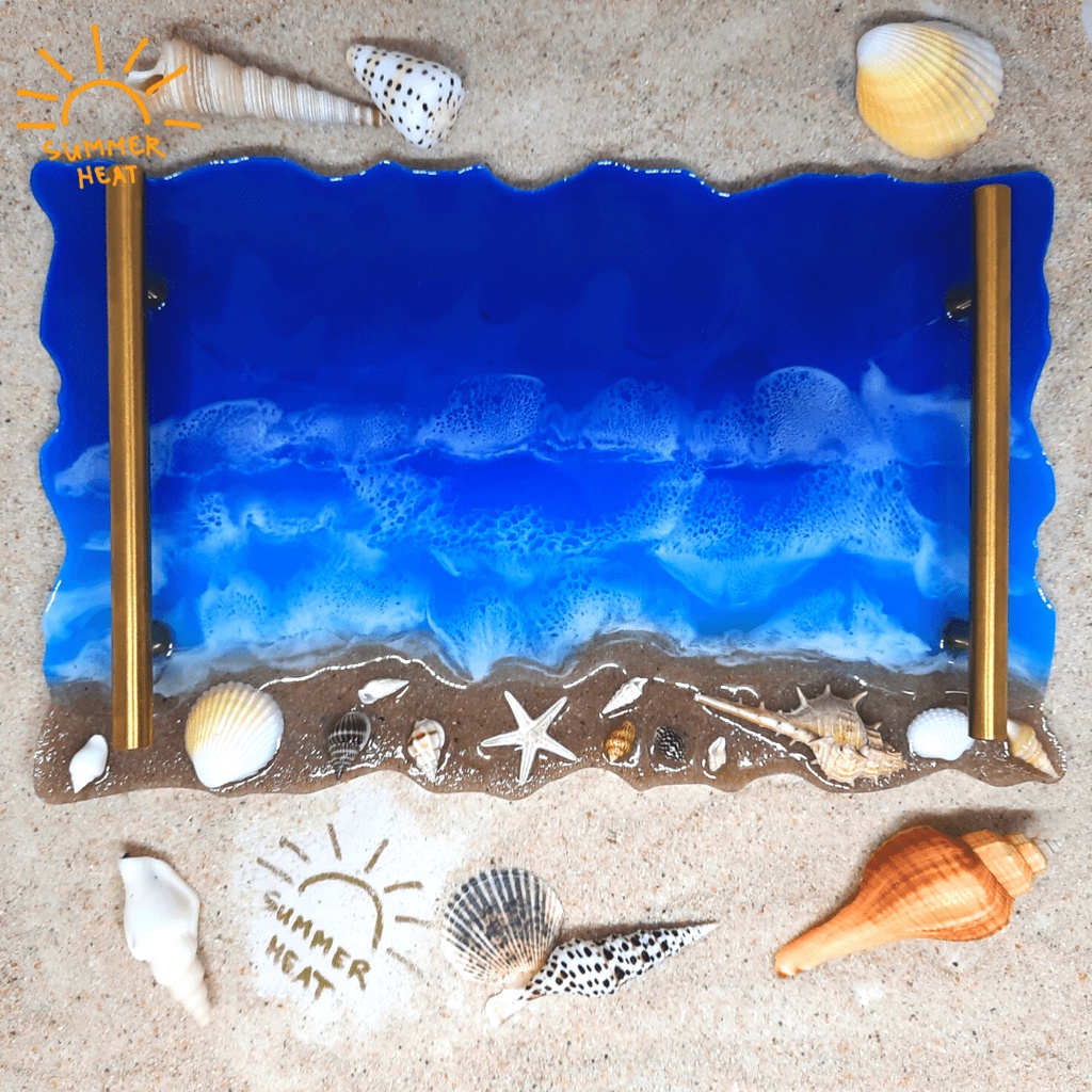 Jual Rectangular Ocean / Beach Epoxy Resin Serving Tray with Gold