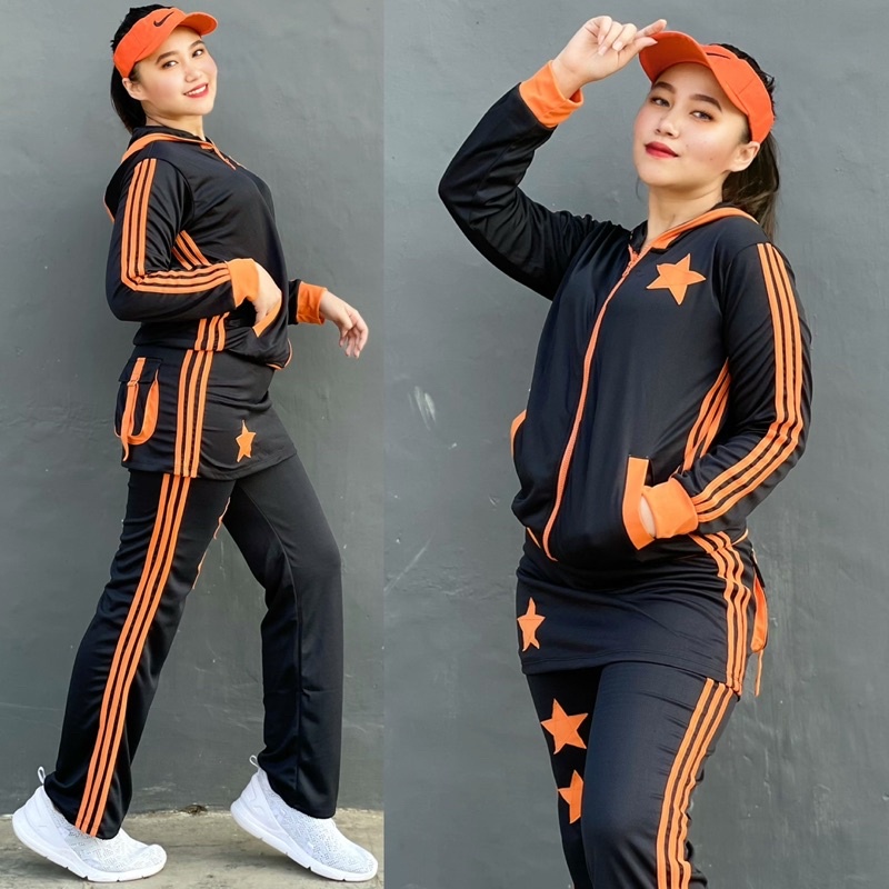 READY! Setelan Baju Senam Lapangan Rok Hitam Orange Zumba Aerobik Hijab Cycling Muslim Fitness