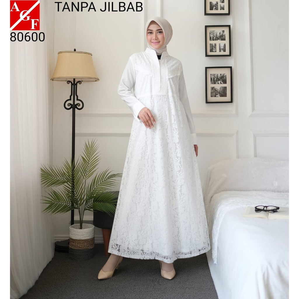 AGNES Gamis Putih Wanita Gamis Brukat Baju Muslim Wanita Busana Lebaran