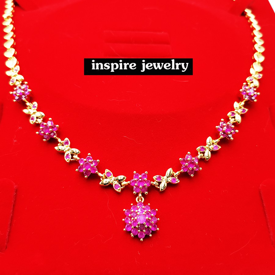 Inspire Jewelry ,สร้อยคอทองสังวาลย์รูปดอกไม้ฝังพลอยทับทิม ยาว 18นิ้ว