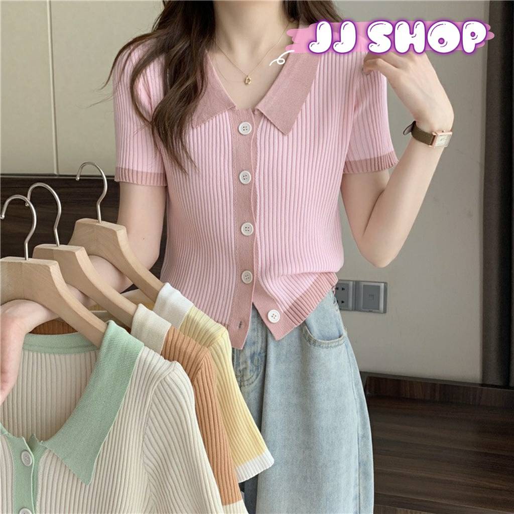 JJ Shopพร้อมส่ง เสื้อไหมพรมแขนสั้น คอปก สีพาสเทลน่ารักเกาหลีมาก 71008 C ThaiPick