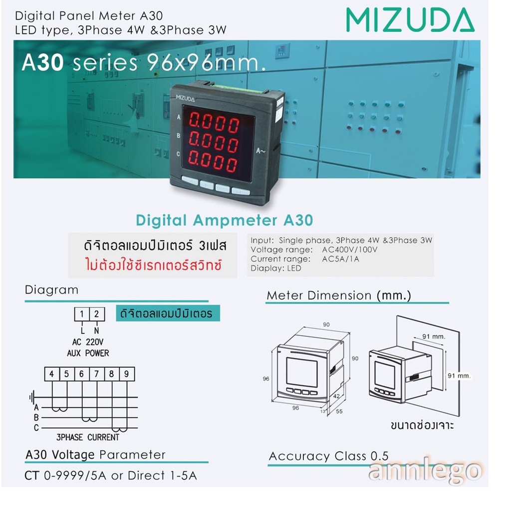ดิจิตอลแอมป์มิเตอร์ 96x96 มม. (Digital Amp meter) รุ่น A30 ต่อผ่านCT