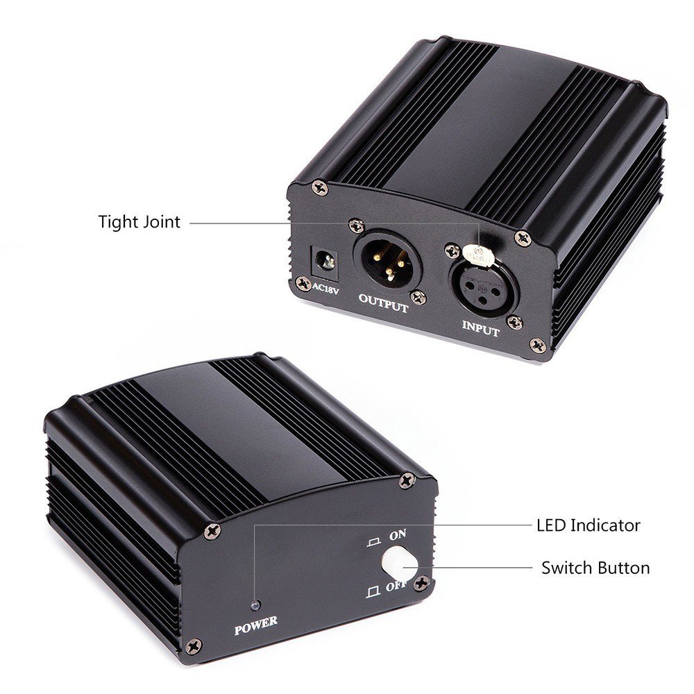 48V phantom microphone power supply w/ professional microphone adapter