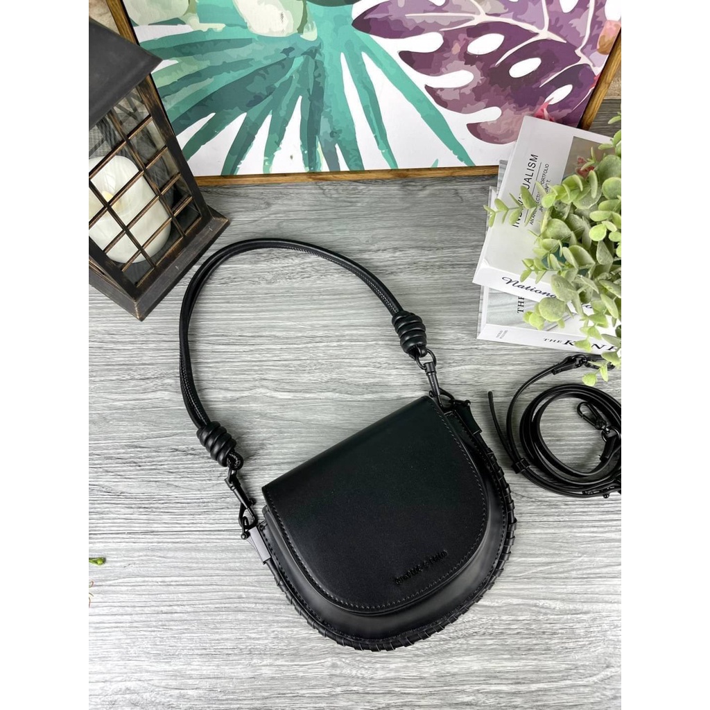 CHARLES & KEITH STITCH TRIM SADDLE BAG กระเป๋าสะพายข้างสีดำ Shopee