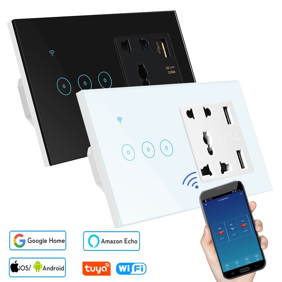Tuya WiFi Smart LED Light Switch USB Touch Switch EU UK US 16A Socket Wall Sensor 1 2 3 Gang