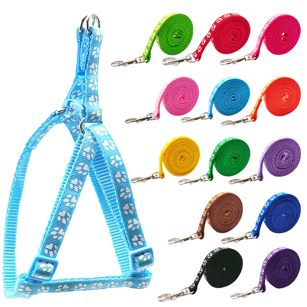 w24Sets Adjustable Pet Dog Colorful Harness Set Dog Leashes Printed Paw