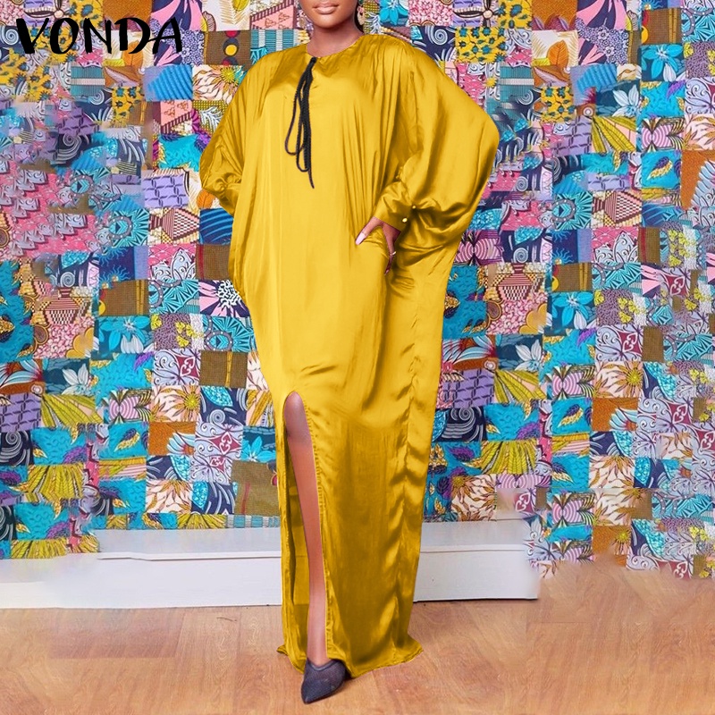 Vonda ชุดเดรสยาว คอกลม แขนยาว ผ่าหน้า แขนทรงปีกค้างคาว สไตล์วินเทจ