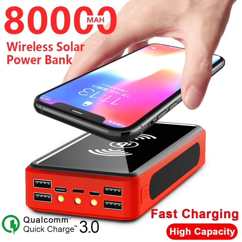 80000mAh Wireless Solar Power Bank External Battery PoverBank 4USB LED