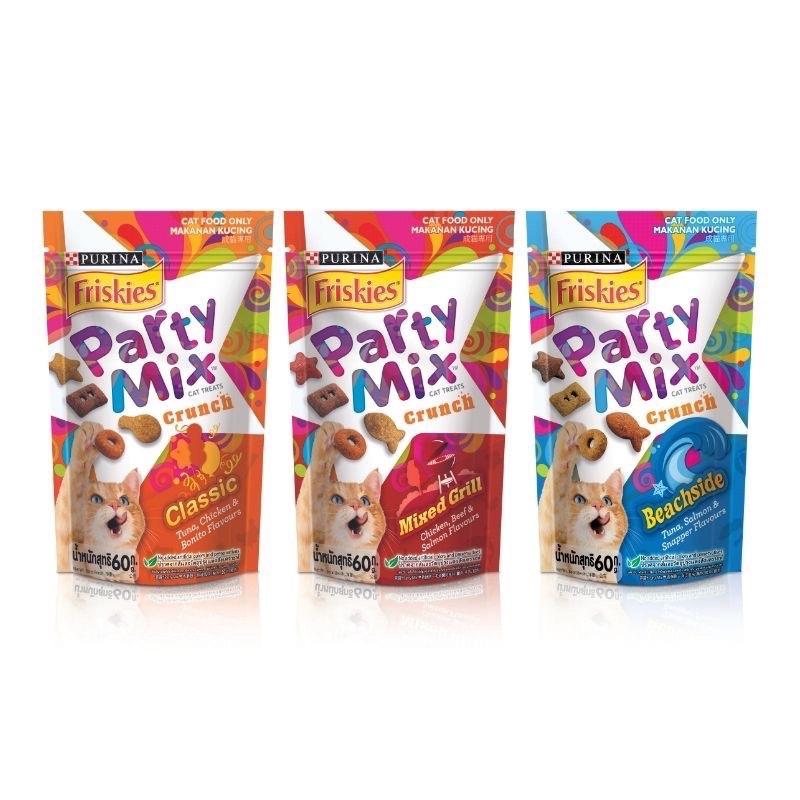 ขนมแมว Friskies Party Mix ฟริสกี้ส์ ปาร์ตี้มิกซ์ 60 กรัม มีสามรสให้