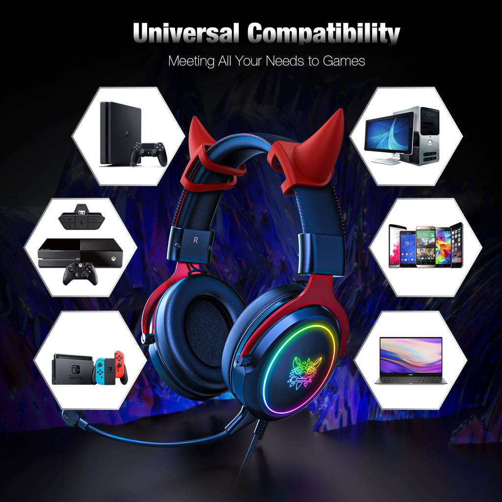 ONIKUMA X10 Cat Pink Devil Horn RGB Gaming Headset หูฟัง หูฟังมือถือ หู