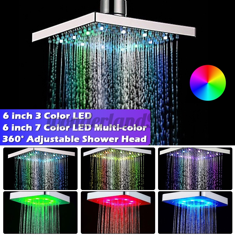 6" LED Light Square Rain Shower Head Stainless Steel 3 Color Changing