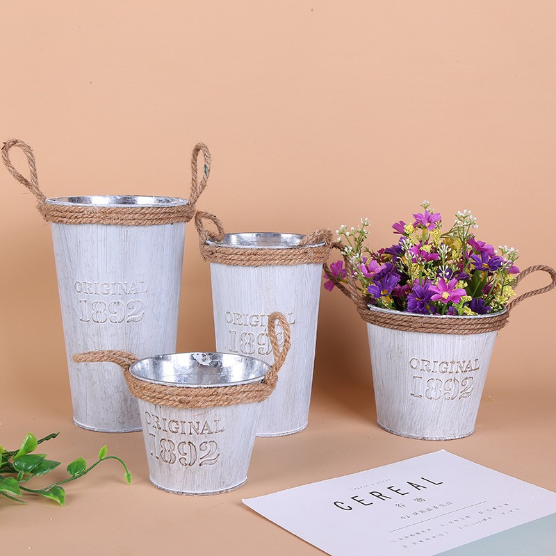 French Galvanised Metal Tin Flower Succulent Plant Pot Bucket Flower
