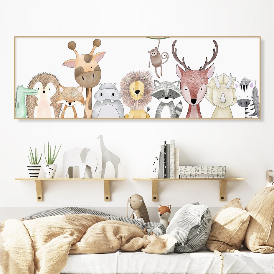 Cartoons Animals Lion Deer Hippo Zebra Canvas Nursery Wall Art Pictures