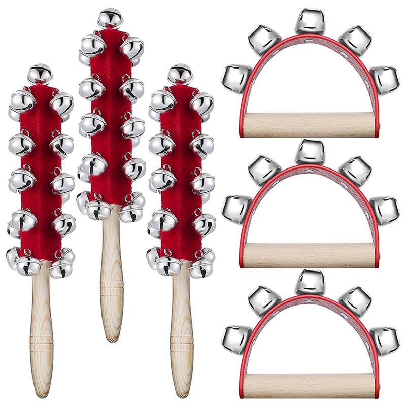 6Pcs Christmas Hand Jingle Bells Wooden Hand Sleigh Bells Jingle Shaker