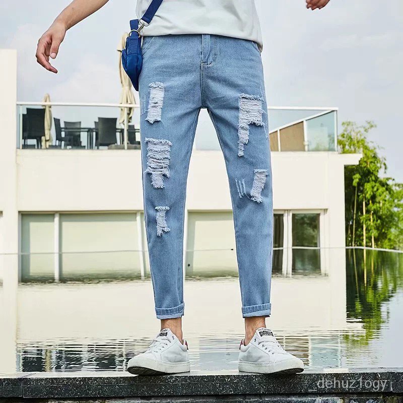 【High Quality】2734 Light Blue Denim Broken Hole Jeans AllMatch Casual