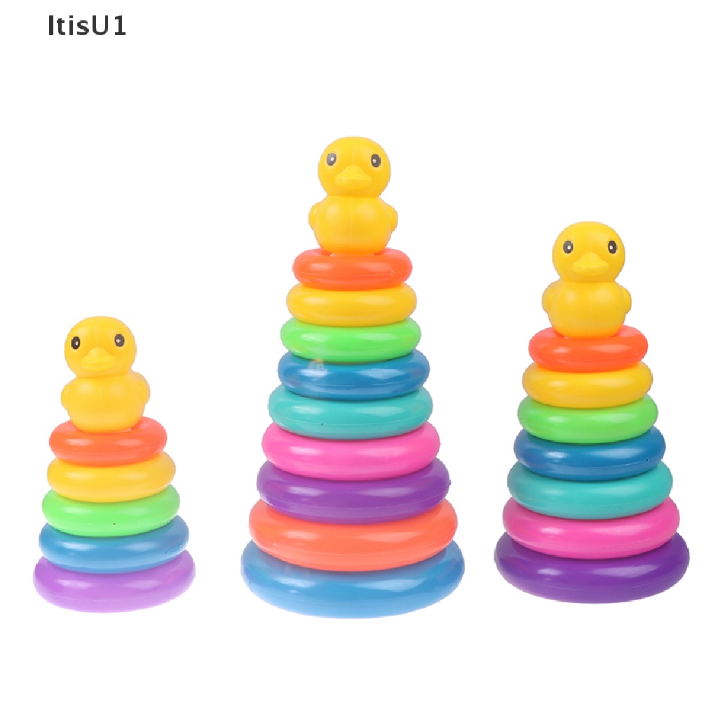 [ItisU1] Yellow Duck Toy With Rainbow Color Stacking Rings Tower Toy