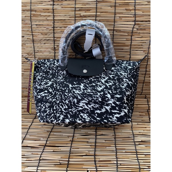 LONGCHAMP Black White Le Pliage Appaloosa Medium Top Handle Bag