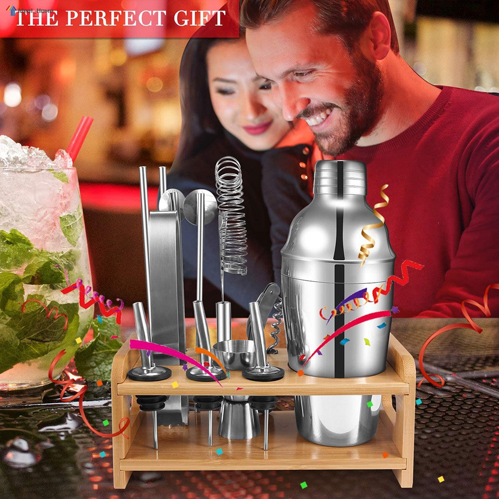 800Ml Stainless Cocktail Shaker Bartender Tools Set with Wooden Rack