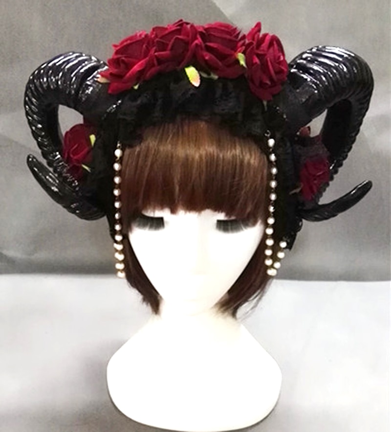 Ram Horns Headpiece Vintage Retro Sheep Horn Rose Flowers Gothic