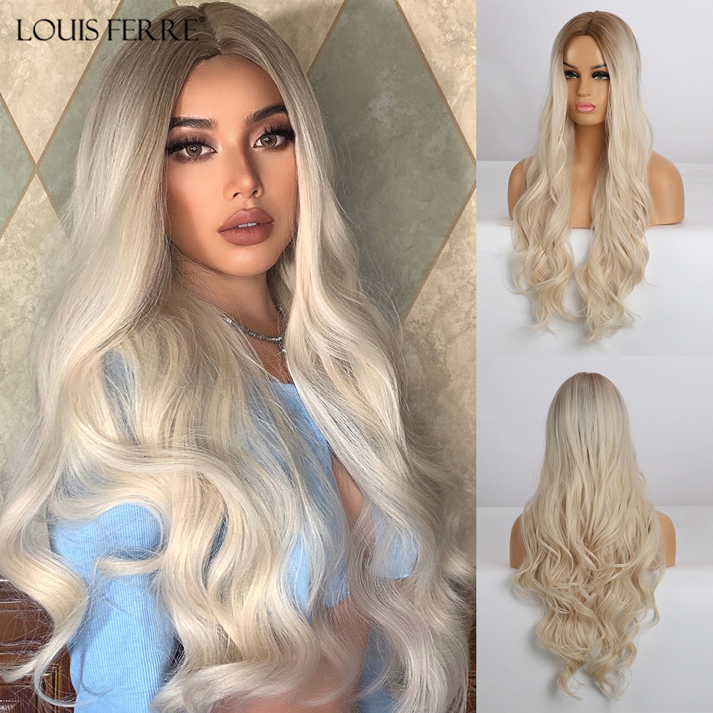 NewLOUIS FERRE Long Ombre Brown Light Blonde Synthetic Wigs Middle Part