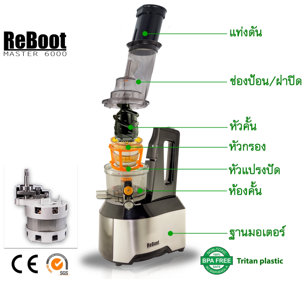 เเครื่องสกัดแยกกากเชิงพาณิชย์ Reboot Master Pro สีดำ commercial slow juicer สำหรับผ่อน หัวกรอง