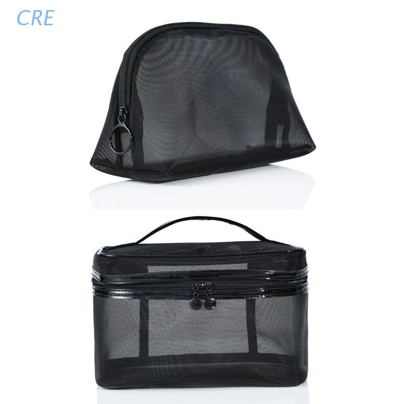 CRE Clear Black Mesh Zipper Makeup Bag Female See Through Cosmetic