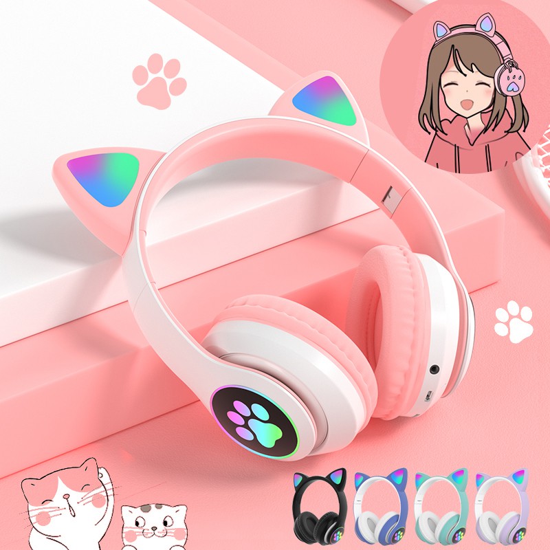 Cute cat ear Bluetooth 5.0 headphone Pink foldable overear stereo