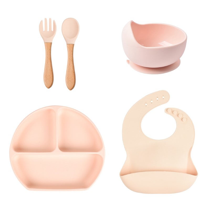BB 5 Pcs Baby Silicone Bibs Divided Dinner Plate Sucker Bowl Spoon Fork