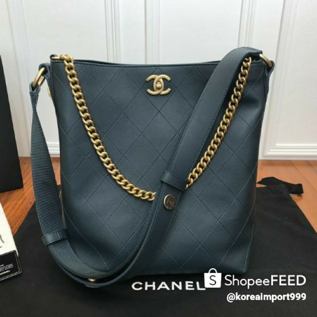 Chanel Blue Calfskin Large Hobo Shopping Bag With Gold Hardware