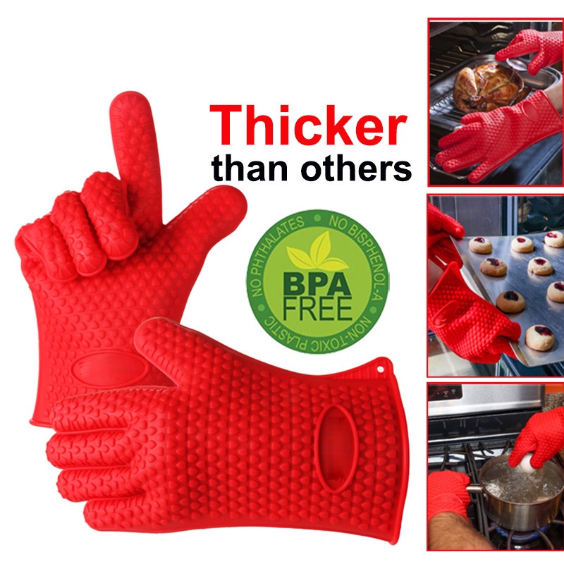 ☽Silicone Oven Mitt Oven Gloves Heat Resistant Gloves Full Finger Hand Wrist Protection Silicone