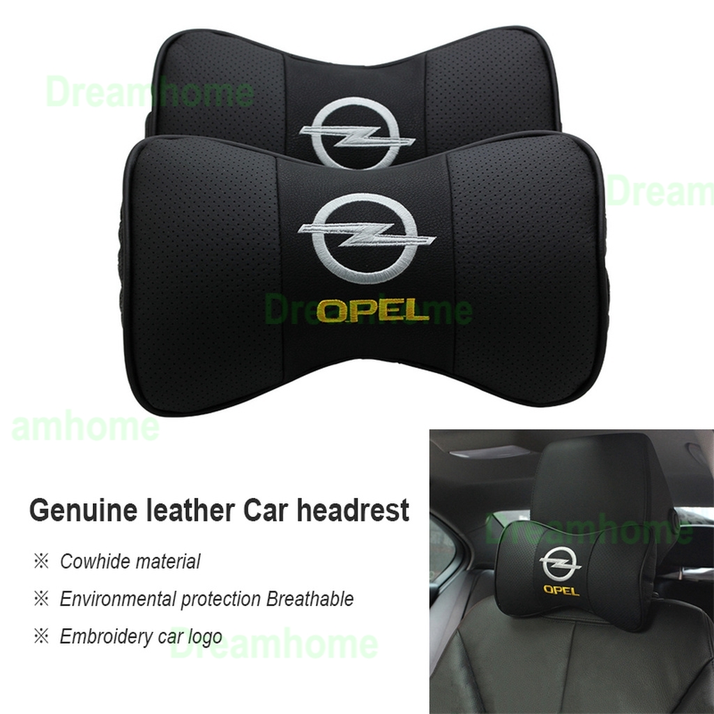 2PCS Boutique Opel Embroidered car logo headrest Genuine Leather neck