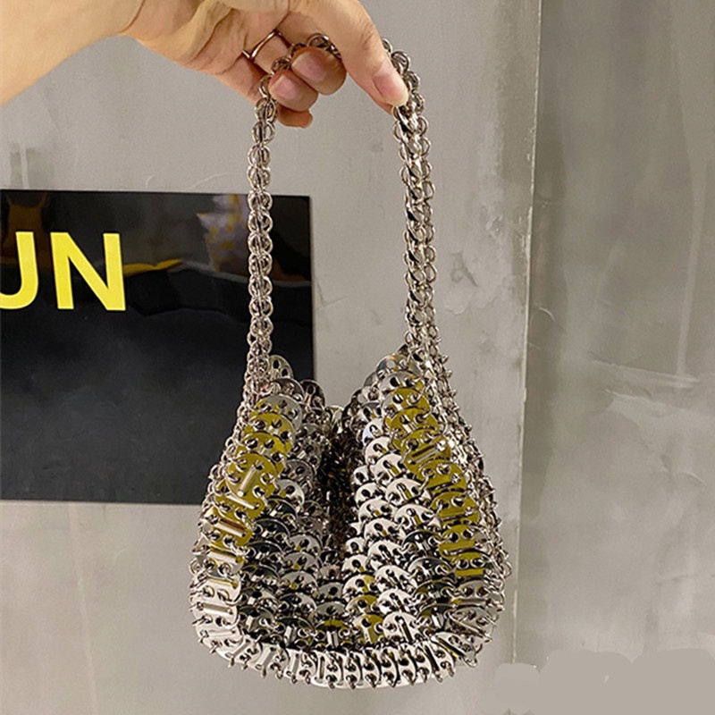 wLuxury Women Bags Designer Silver Metal Sequins Chain Woven Bag