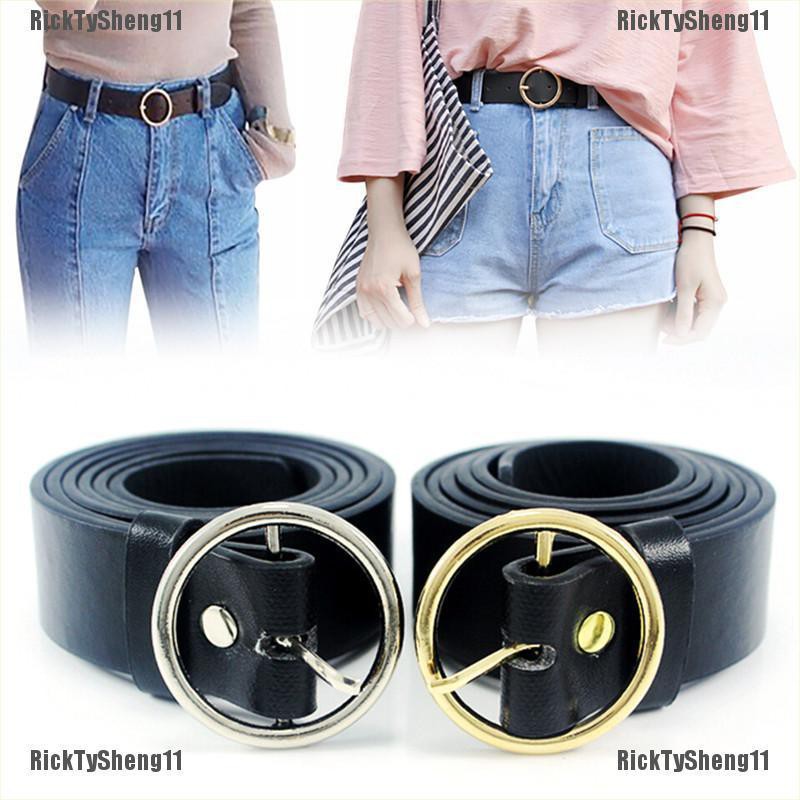COD RTSWomen Girls Leather Belt Round Ring Metal Double Buckle Belt