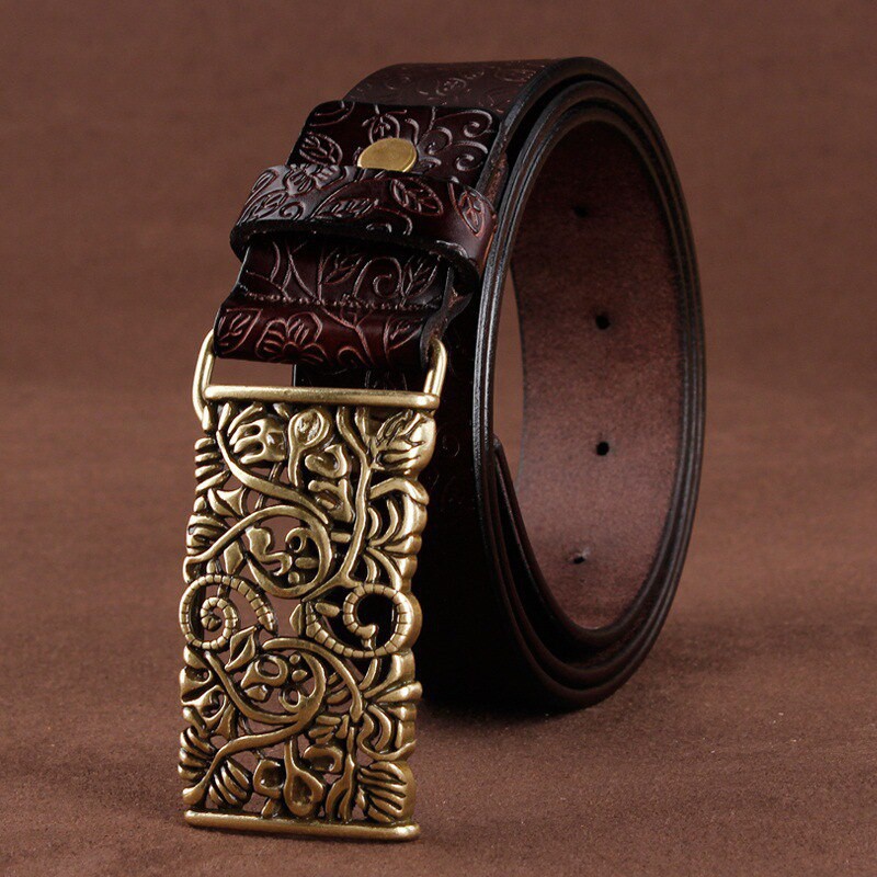 Belt Vintage Leather Belt Straps For Women Alloy Gold Flower Buckle