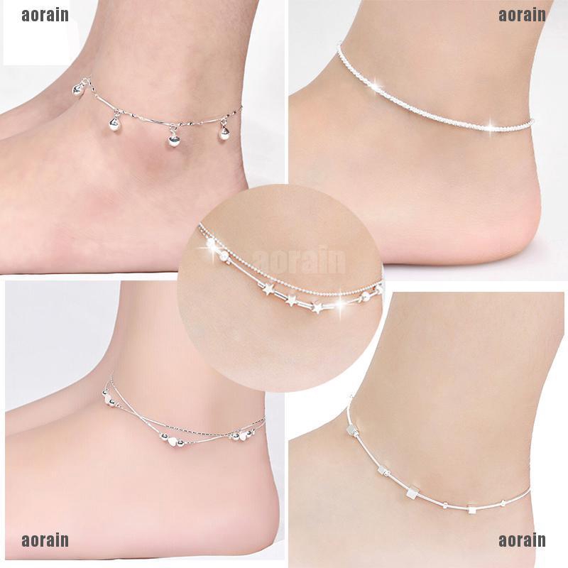 AG 925 Silver Plated Cube Chain Anklet Bracelet Barefoot Sandal Beach