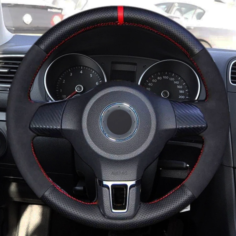 Car Steering Wheel Cover Black Genuine Leather Suede For Volkswagen