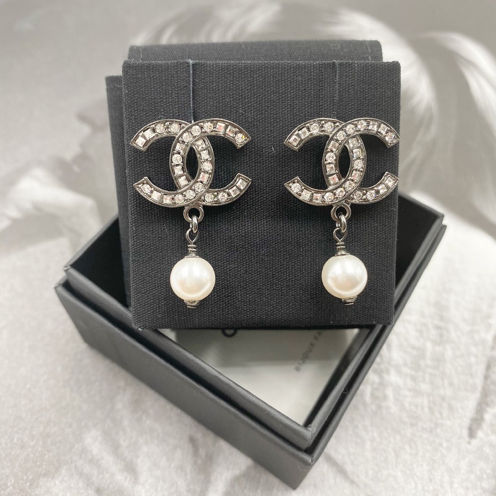 ผ่อน0 Authentic 100 ต่างหู Chanel earrings cc 1.9 cm รมดำมุก Shopee Thailand