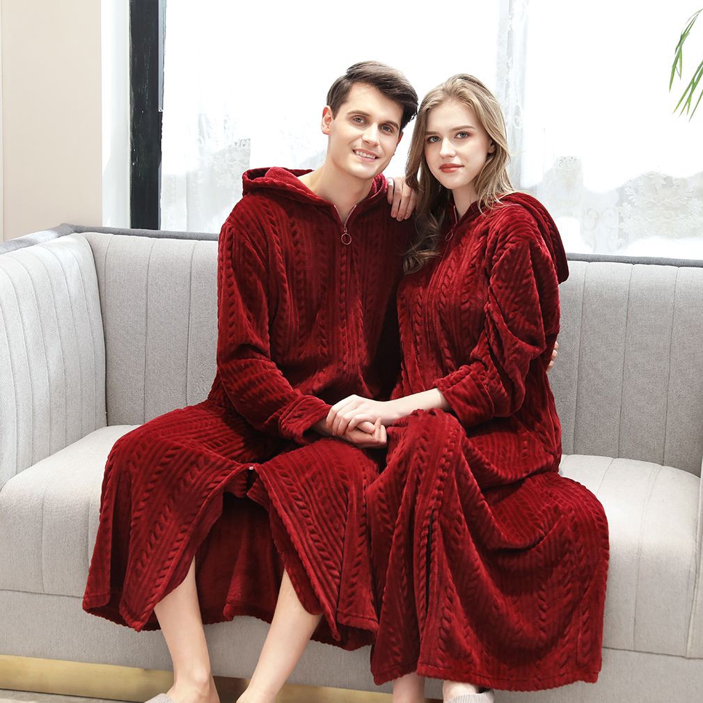 Mens Zipper Fleece Robe with Hood Soft Full Length Long Bathrobe Coat