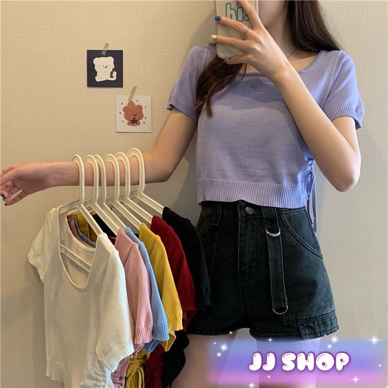 JJ Shopพร้อมส่ง เสื้อไหมพรมแขนสั้นสีพาสเทล ดีเทลเชือกรูดข้างสุดเก๋ 3487 ThaiPick