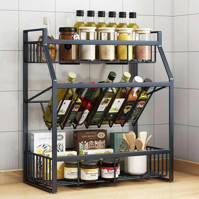 Fx8u 3 layer Stainless steel kitchen rack black seasoning shelf