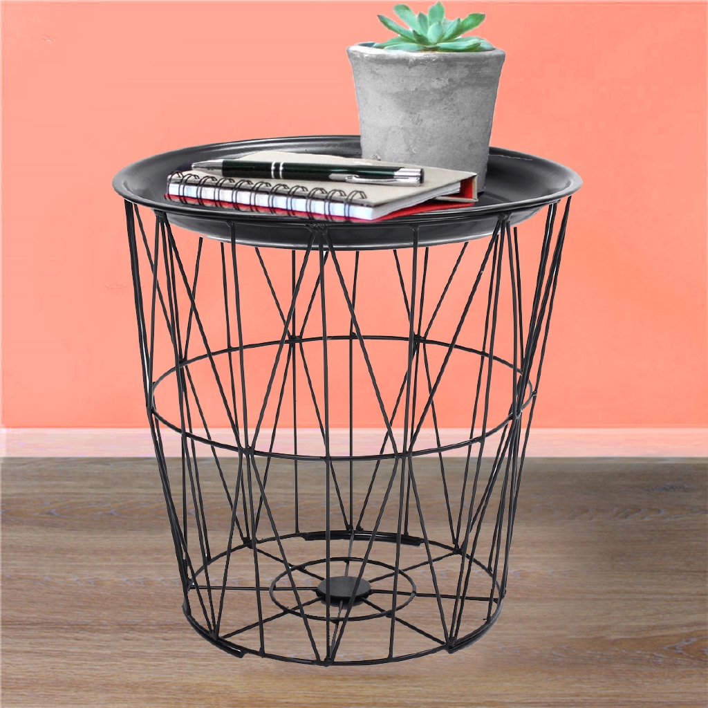 Black Geometric Iron Metal Wire Round Tray Top Storage Side Table