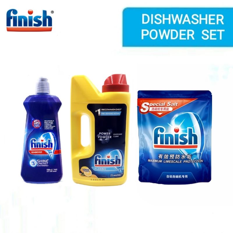 Finish dishwasher Powder set ฟินิช ผงล้างจาน 1Kg เกลือ 2kg น้ำยา แวววาว