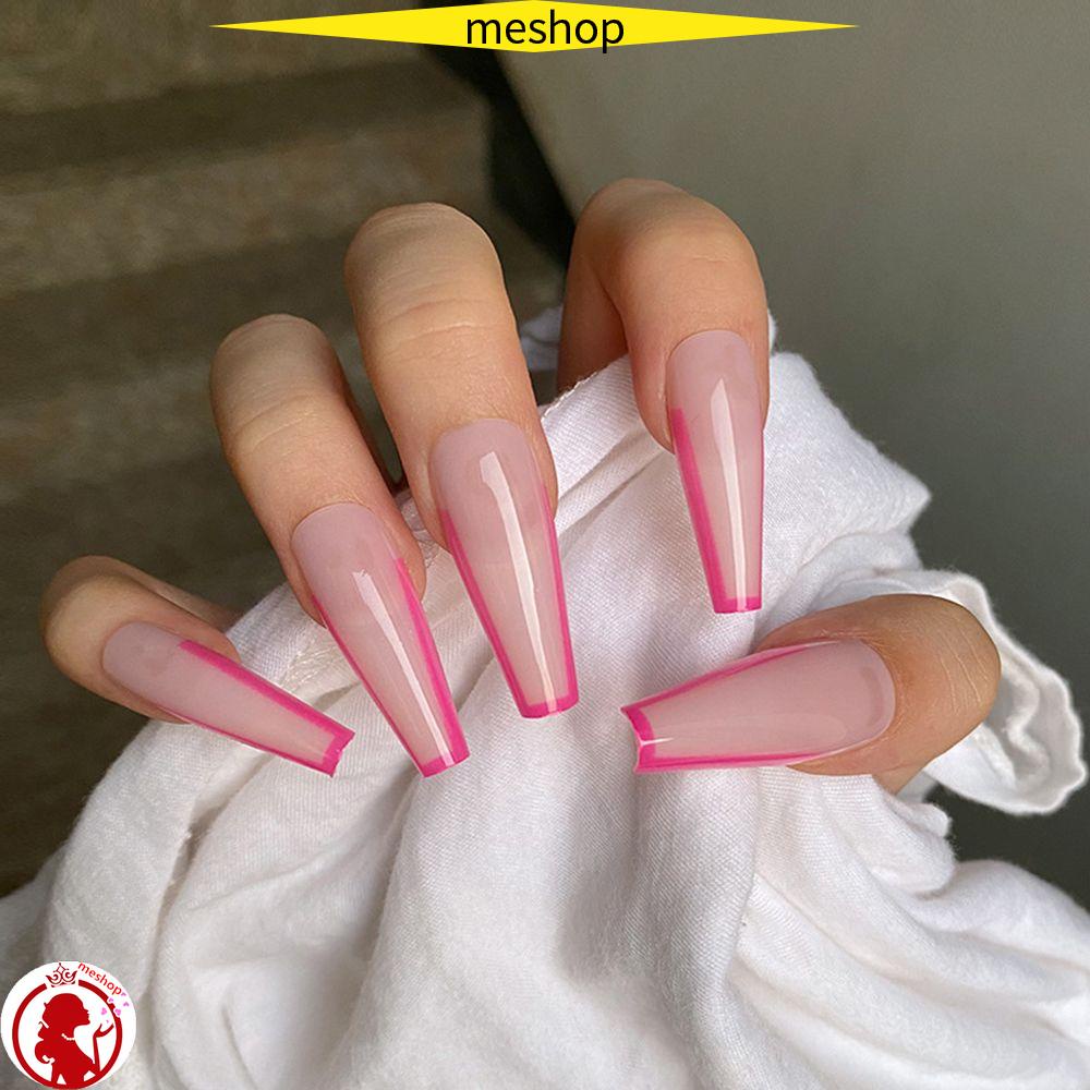 ME???? 24pcs/Box Press On Nails Pink French Long Coffin False Nails
