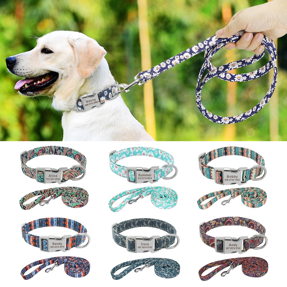 Dog Collar Leash Personalized Custom Nylon Dog Collar Lead Name ID Tags