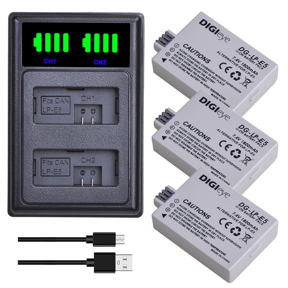 แบตเตอรี่กล้องแอคชั่น 1800mAh LPE5 LP E5 Battery + LED Dual Charger for Canon EOS Rebel XS
