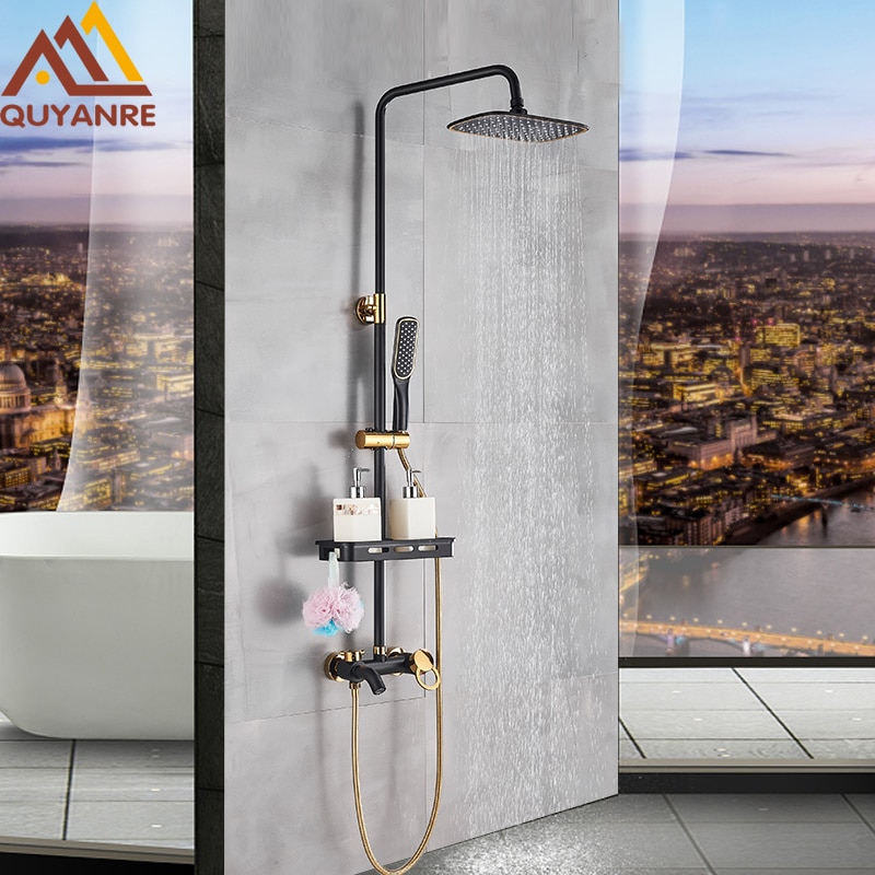 Quyanre Matte Black Gold Shower Faucet Set Bathroom Rainfall Shower System With Shelf 3way