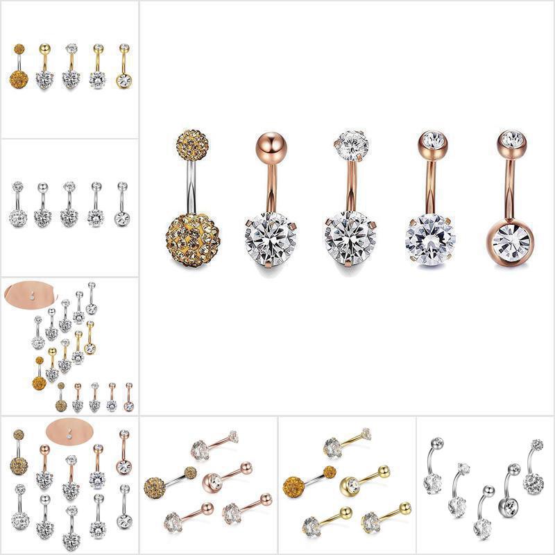 [LHGC] 5PCS/Set Stainless Steel Crystal Navel Belly Button Rings Bar