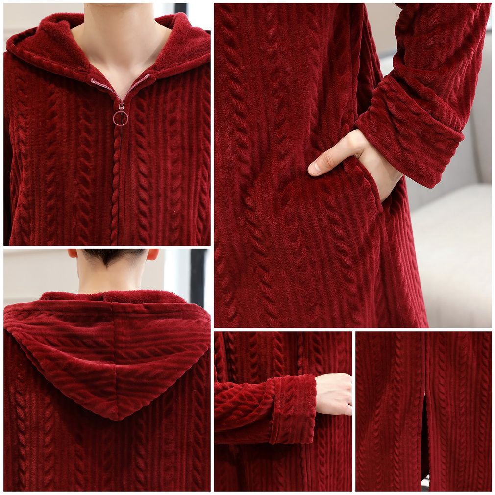 Mens Zipper Fleece Robe with Hood Soft Full Length Long Bathrobe Coat