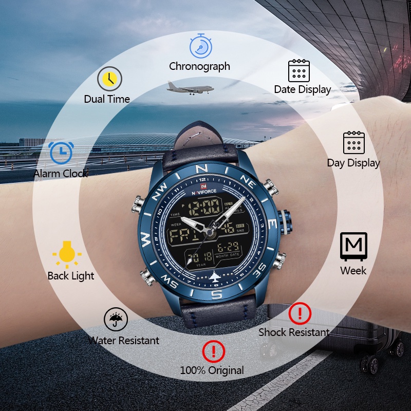 Naviforce Men Fashion Sport Watch Waterproof Quartz Digital Led Mens
